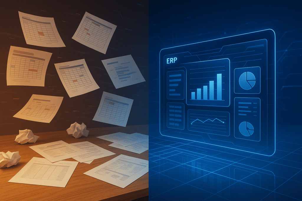 Ilustración futurista mostrando la transformación de datos desordenados en un panel ERP holográfico organizado